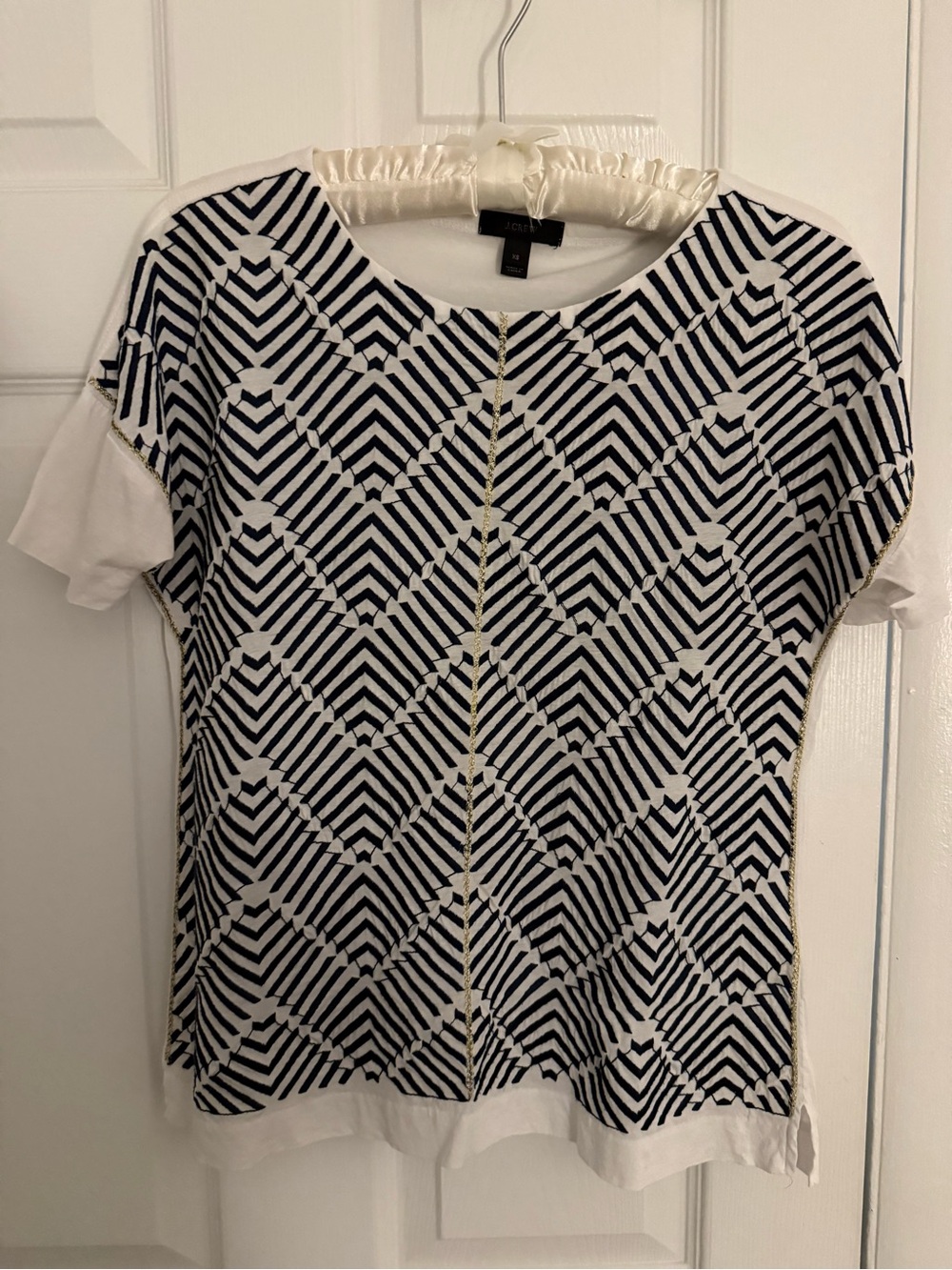 J. Crew Navy and White Embroidered Short Sleeve Top